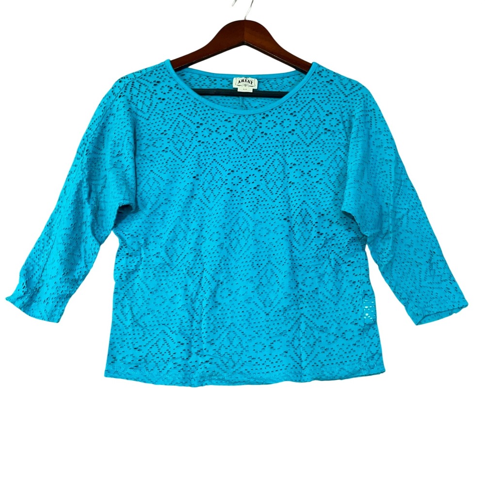 Ariat Women's S Eyelet Knit 3/4 Sleeve Top Turquoise Blue Cotton Blend